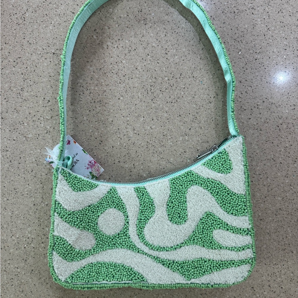 Green & Cream Beaded Shoulder Bag
